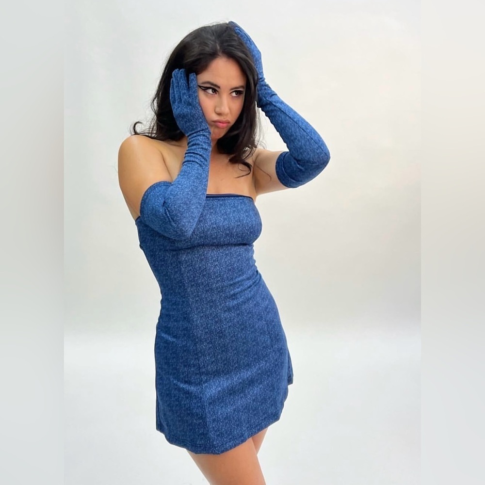 New! Revolve X Miscreants Cupid Scuba Mini Dress Denim Print With Glovessmall